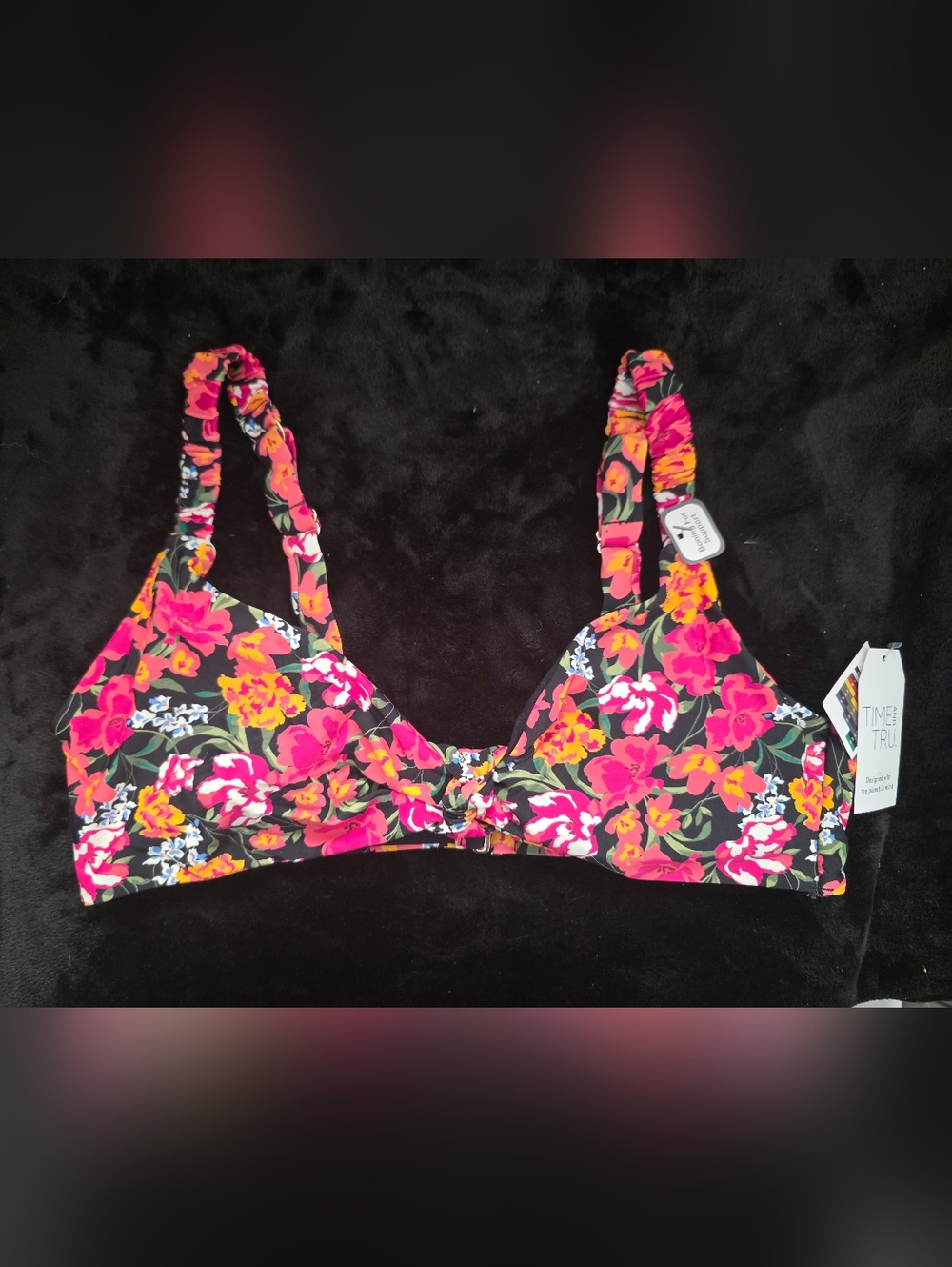 Floral Bikini Top - Pink & Yellow Flowers on Black